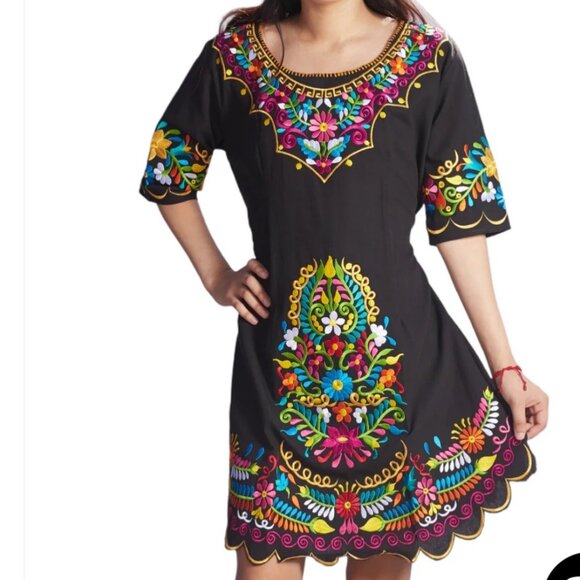 Black Embroidered Dress 3/4 Sleeves (** NO SIZE TAG LISTED - REFER TO MEASUREMEN - Picture 1 of 14